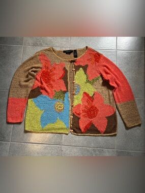 Floral Patchwork Button-Front Cardigan in Coral, Blue & Brown
